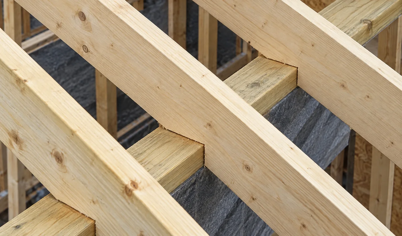 Overhead view of several parallel solid-sawn roof rafters with birdsmouth notches seated on a wall top plate